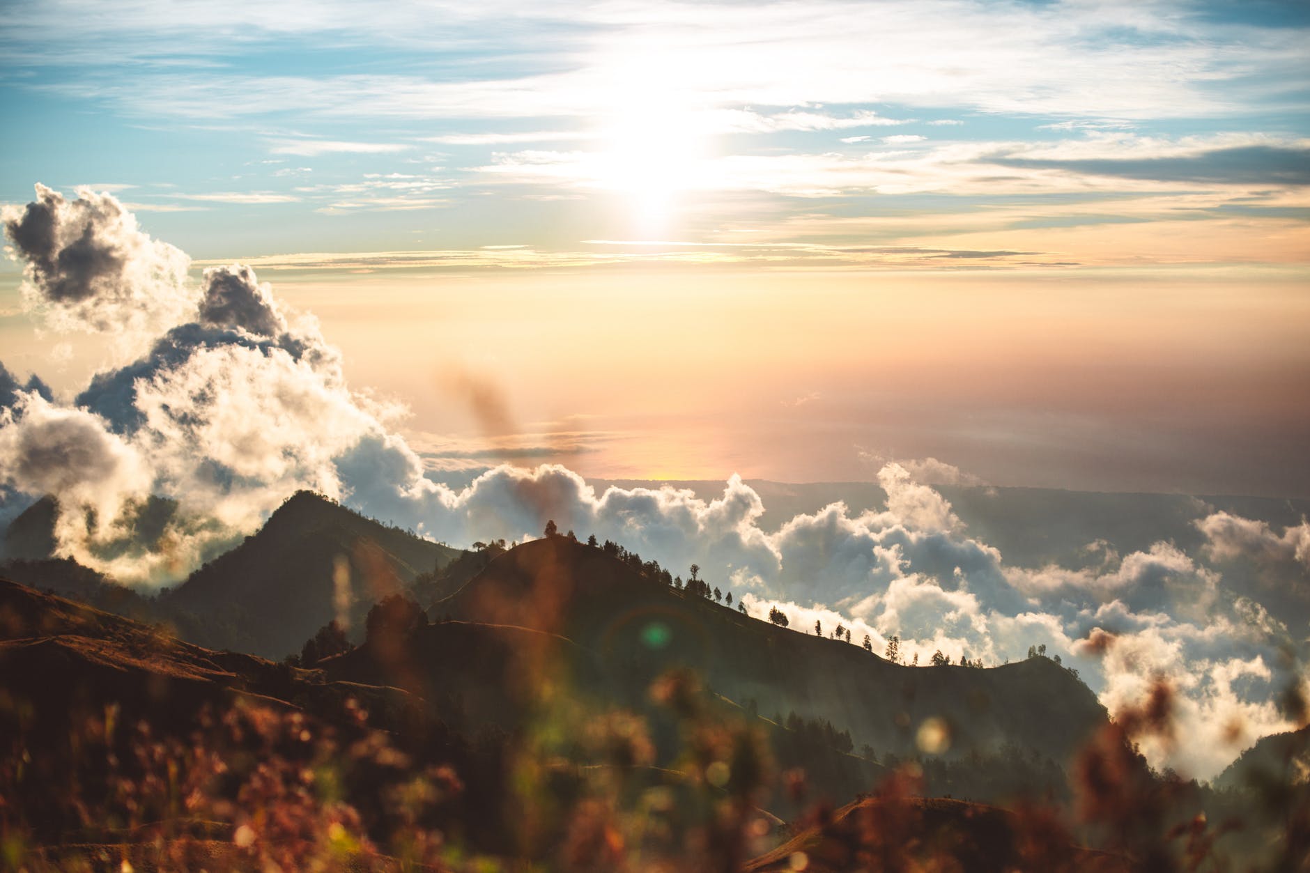 mountains and valleys with sunset and clouds, plateaus
